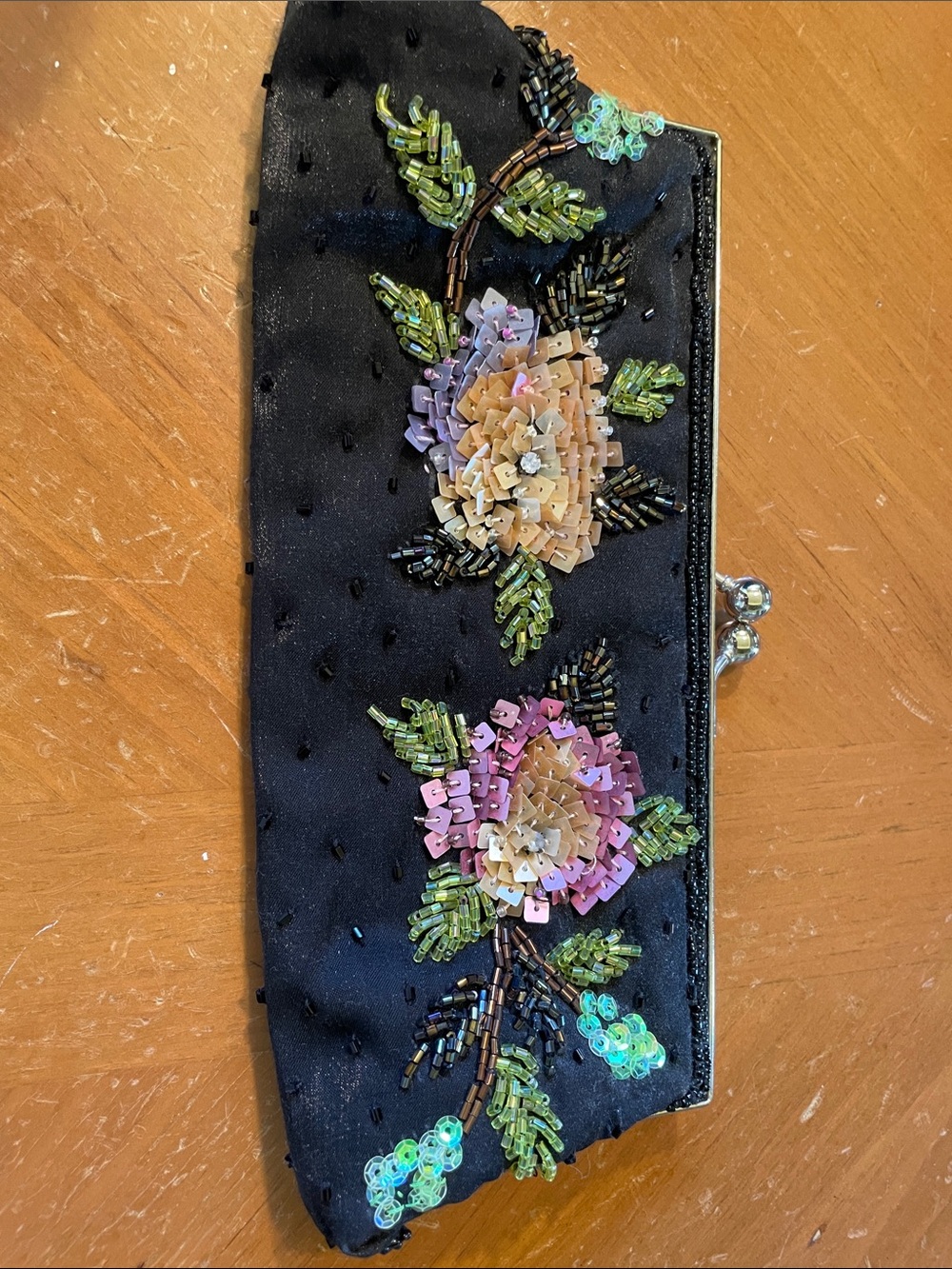 Beaded Floral Embellished Black Evening Clutch